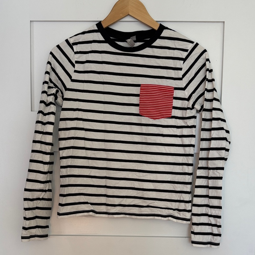 ASOS Black and White Striped Long Sleeve Tee with Red Pocket